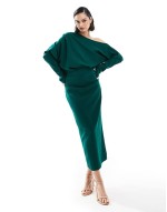 slouchy fallen shoulder midi dress in forest green