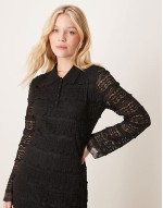 textured lace polo neck detail midi dress in black