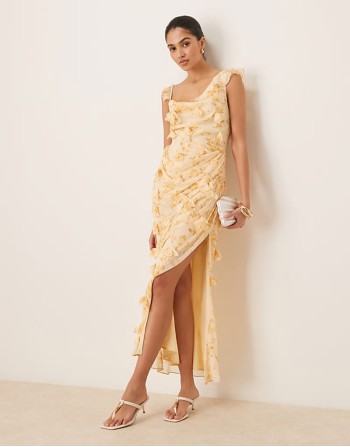 3D flower draped ruffle sve midaxi dress with open back in ditsy floral print
