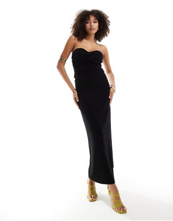 linen bandeau ruched top and maxi skirt co-ord in black