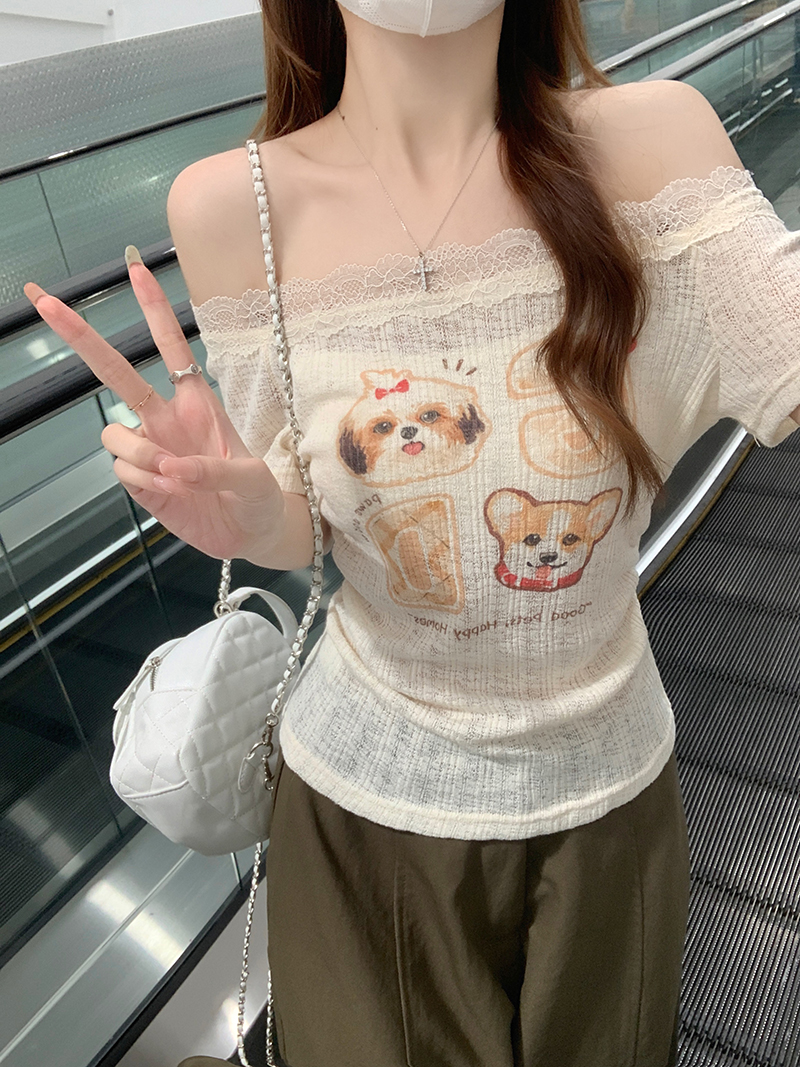 200g Original Short Sleeve T-Shirt Women Summer New Korean Lace One-Shoulder Square Neck Top
