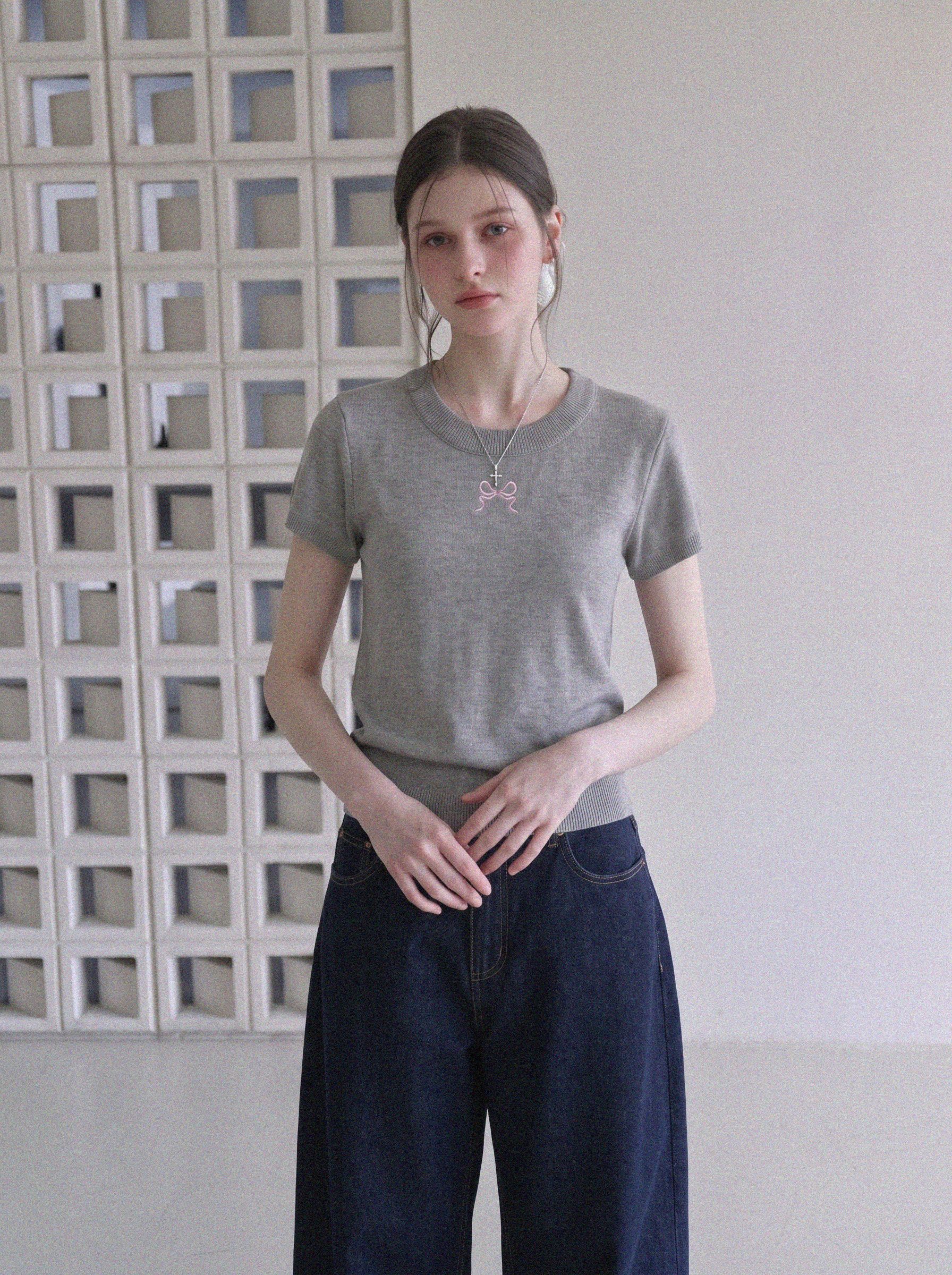 2026 New Summer Women's Knit Short Sleeve T-Shirt Bow Embroidery Ice Silk Top - Image 2