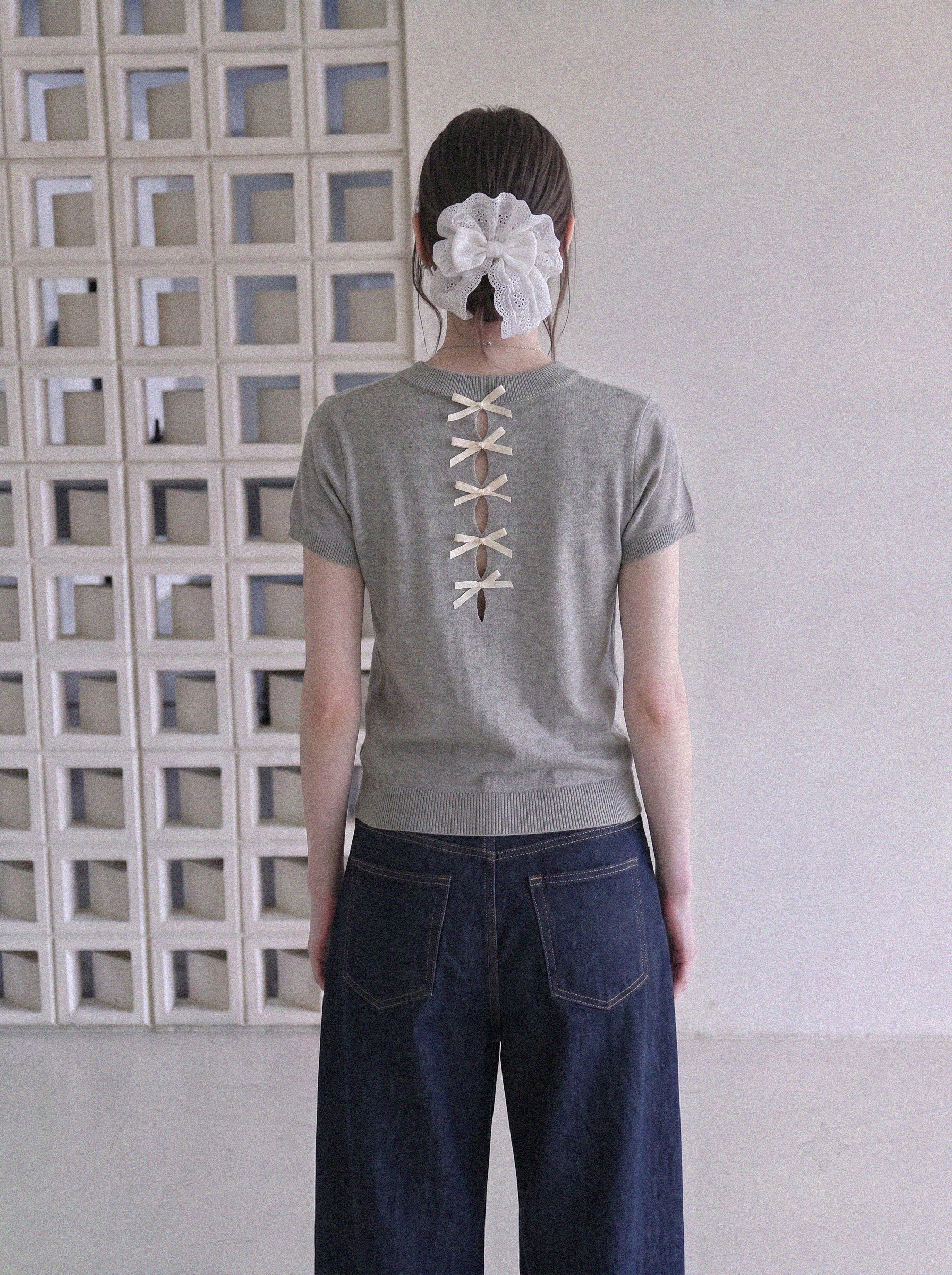 2026 New Summer Women's Knit Short Sleeve T-Shirt Bow Embroidery Ice Silk Top - Image 3