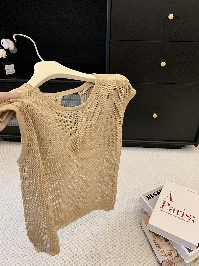 2026 Summer Hollow Knit Camisole Tank Top for Women - Round Neck Backless Sleeveless Slim Fit Vest - Image 4
