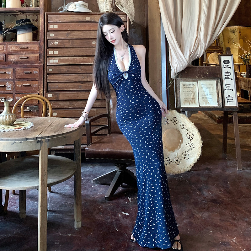 Blue Floral Print Knit Bodycon Dress with Padded Strapless Retro Long Dress