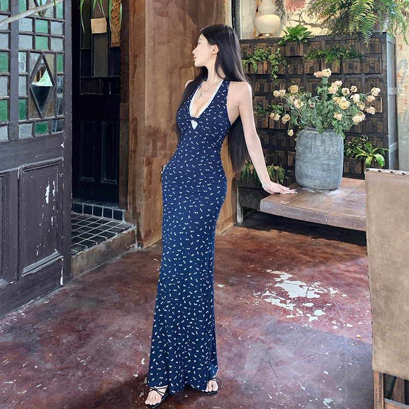 Blue Floral Print Knit Bodycon Dress with Padded Strapless Retro Long Dress - Image 4