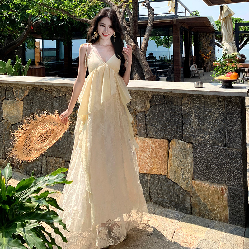 Cinderella Romantic Heavy Embroidery Strap Long Dress V-Neck Lace Patch Fairy Dress