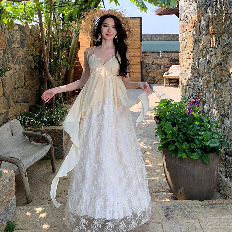 Cinderella Romantic Heavy Embroidery Strap Long Dress V-Neck Lace Patch Fairy Dress - Image 2