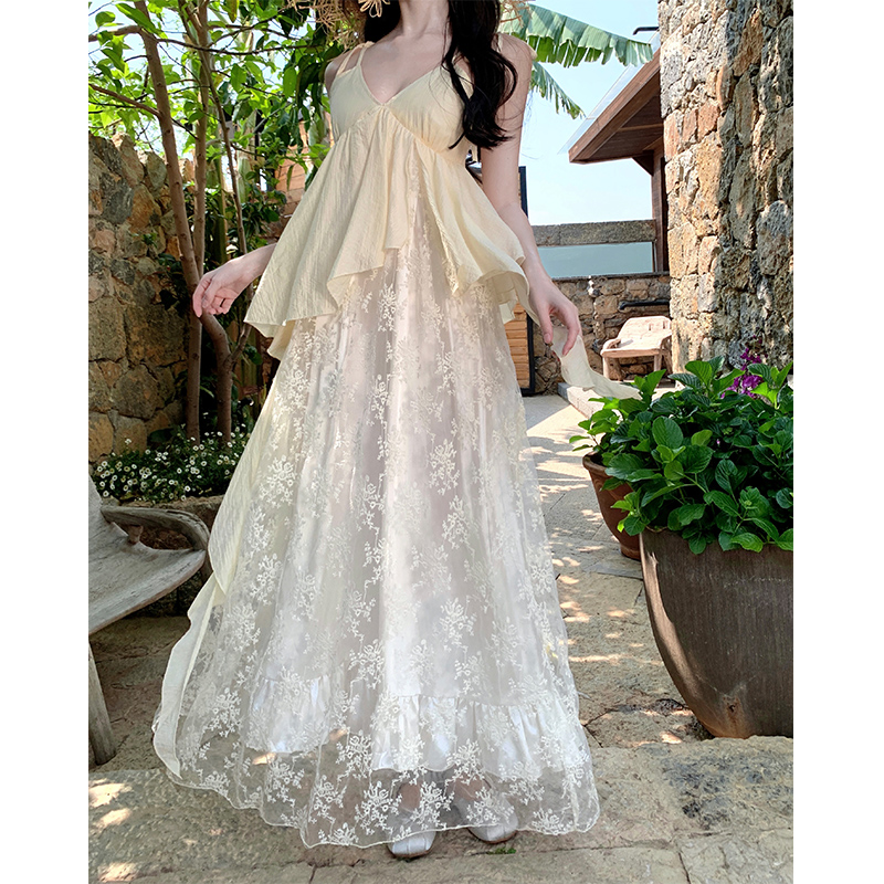 Cinderella Romantic Heavy Embroidery Strap Long Dress V-Neck Lace Patch Fairy Dress - Image 3