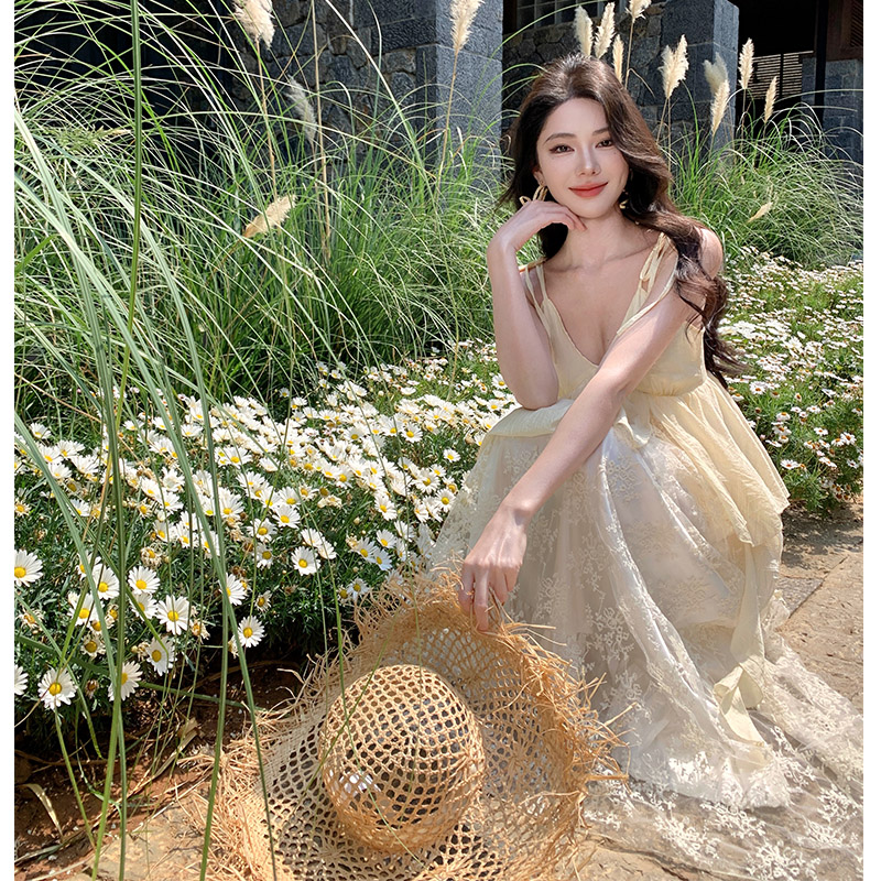 Cinderella Romantic Heavy Embroidery Strap Long Dress V-Neck Lace Patch Fairy Dress - Image 4