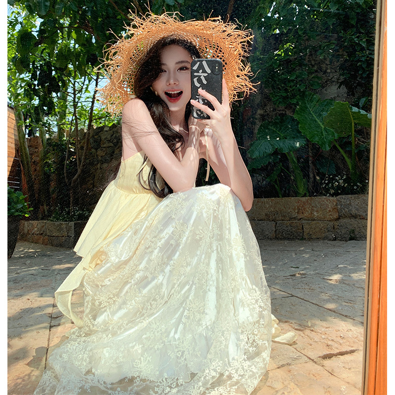 Cinderella Romantic Heavy Embroidery Strap Long Dress V-Neck Lace Patch Fairy Dress - Image 5