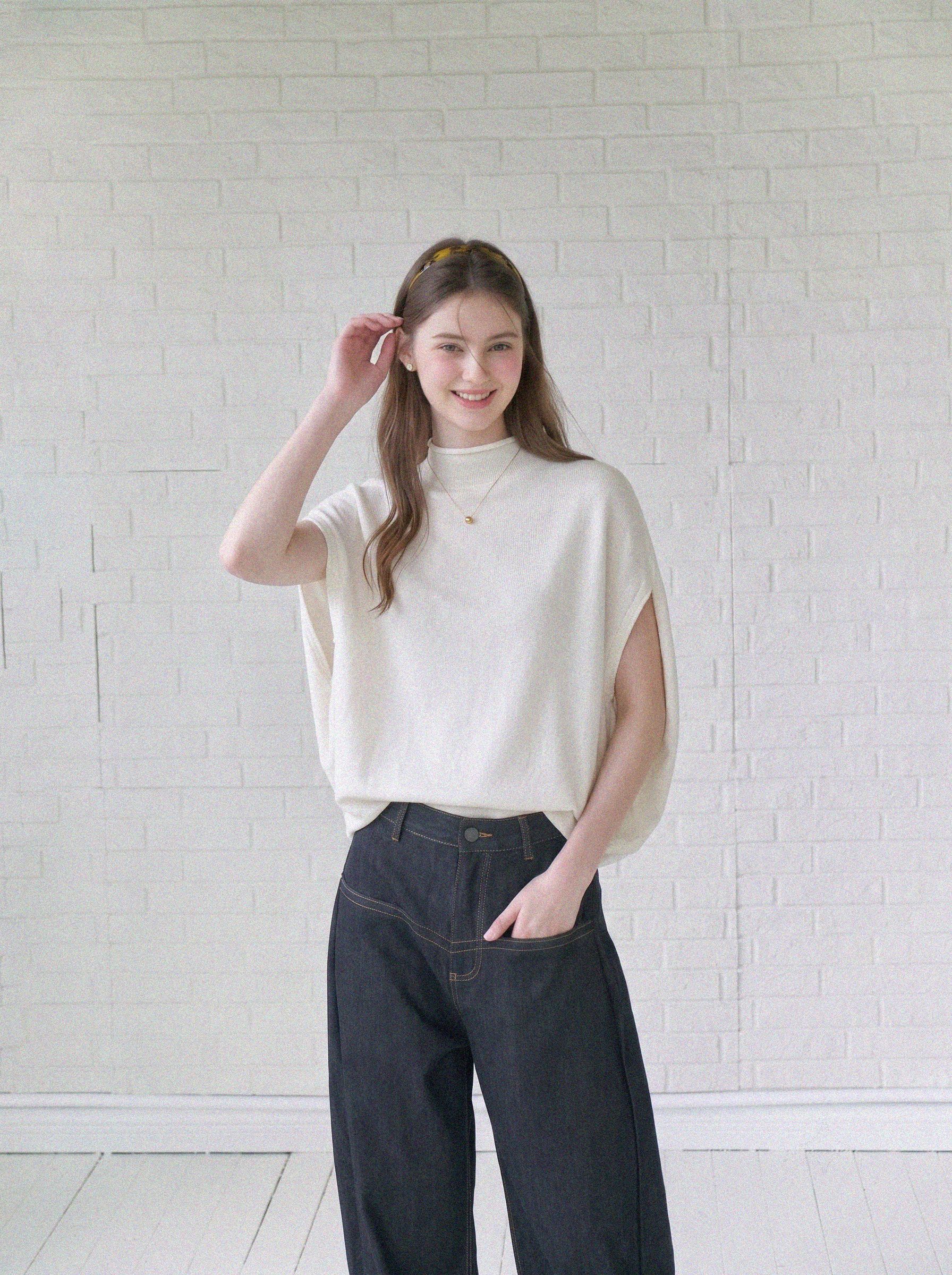 French Style White Half High Neck Knit Cape Ice Silk Short Sleeve T-Shirt Women Summer Short Top - Image 3