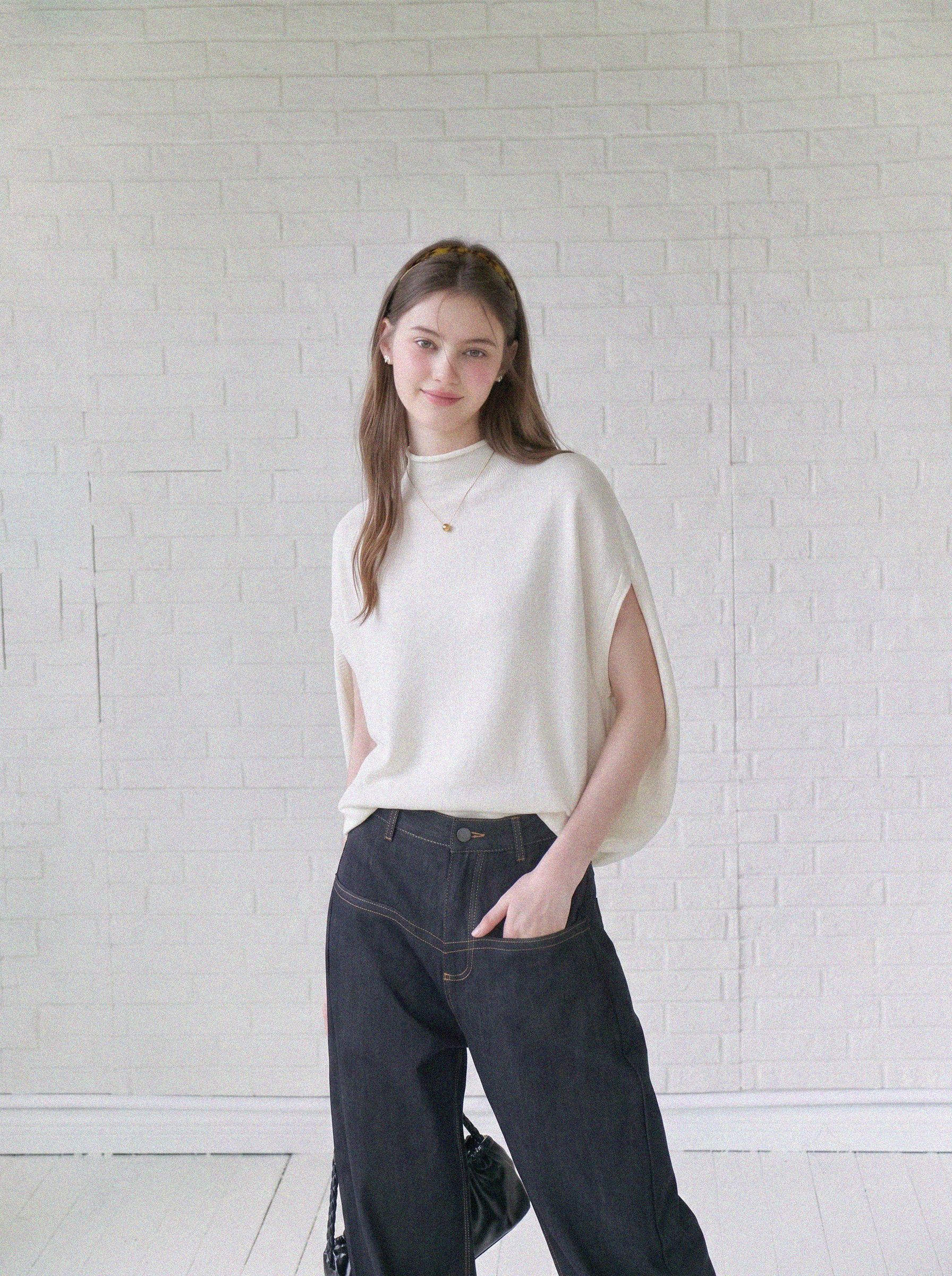 French Style White Half High Neck Knit Cape Ice Silk Short Sleeve T-Shirt Women Summer Short Top - Image 4