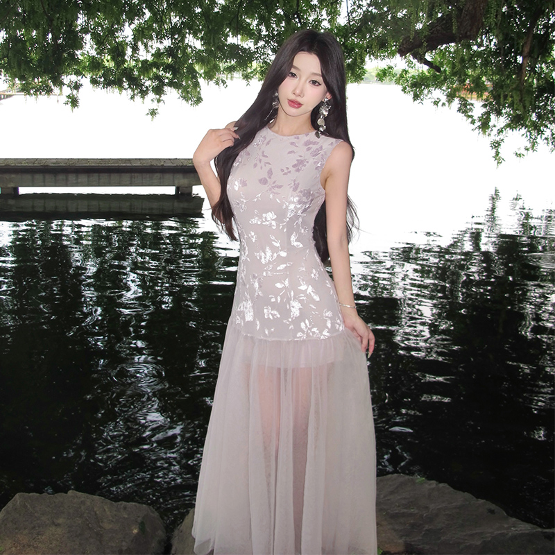 Muse Goddess Premium Purple Sleeveless Mesh Maxi Dress Summer 2025