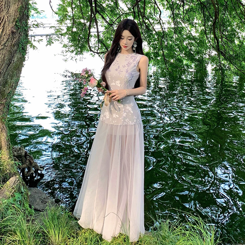 Muse Goddess Premium Purple Sleeveless Mesh Maxi Dress Summer 2025 - Image 2