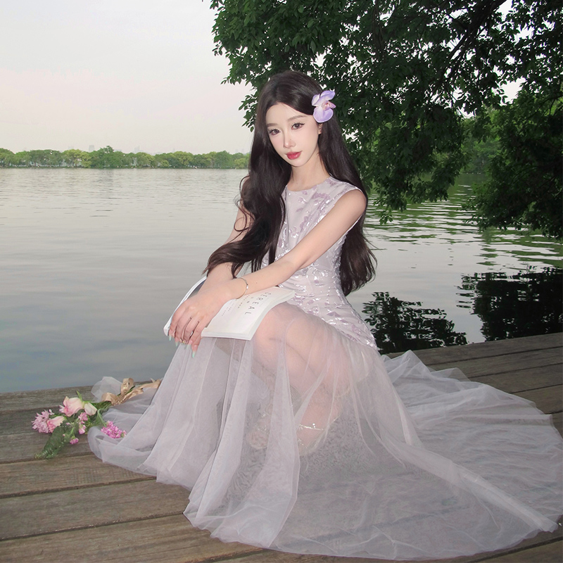 Muse Goddess Premium Purple Sleeveless Mesh Maxi Dress Summer 2025 - Image 3