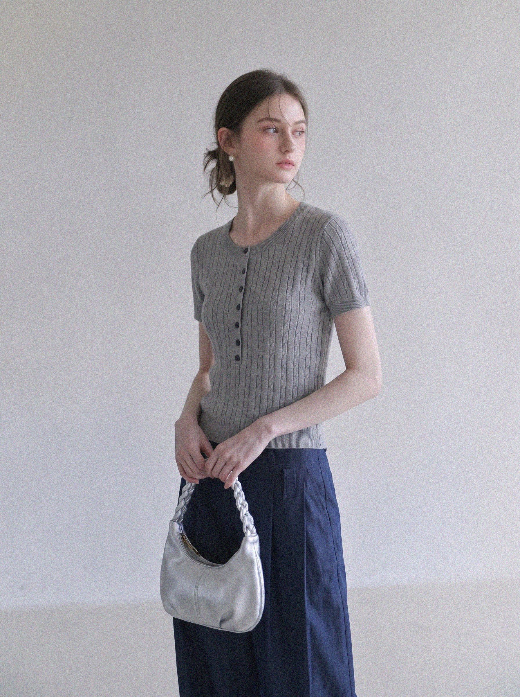 Old Money Style Gray Cable Knit Short Sleeve Sweater for Women Summer Slim Fit Crew Neck Unique Top - Image 2