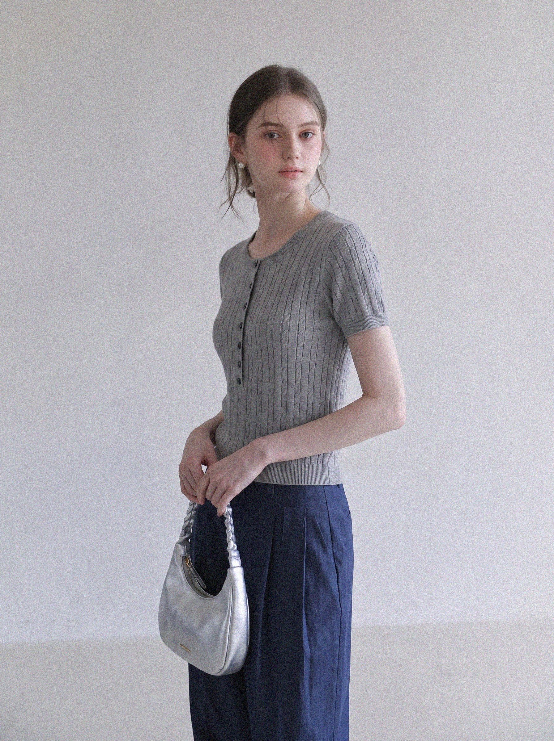 Old Money Style Gray Cable Knit Short Sleeve Sweater for Women Summer Slim Fit Crew Neck Unique Top - Image 4