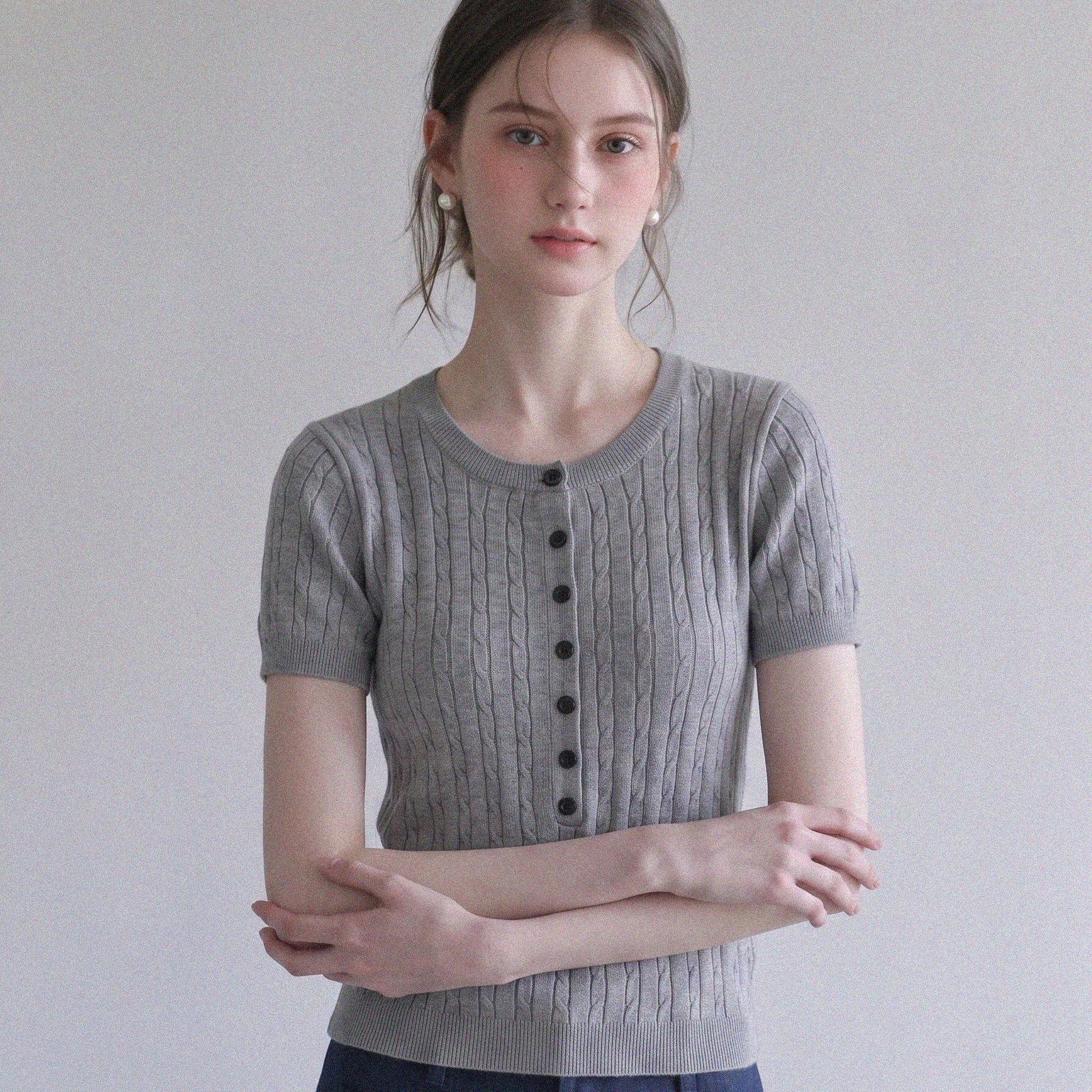 Old Money Style Gray Cable Knit Short Sleeve Sweater for Women Summer Slim Fit Crew Neck Unique Top - Image 5