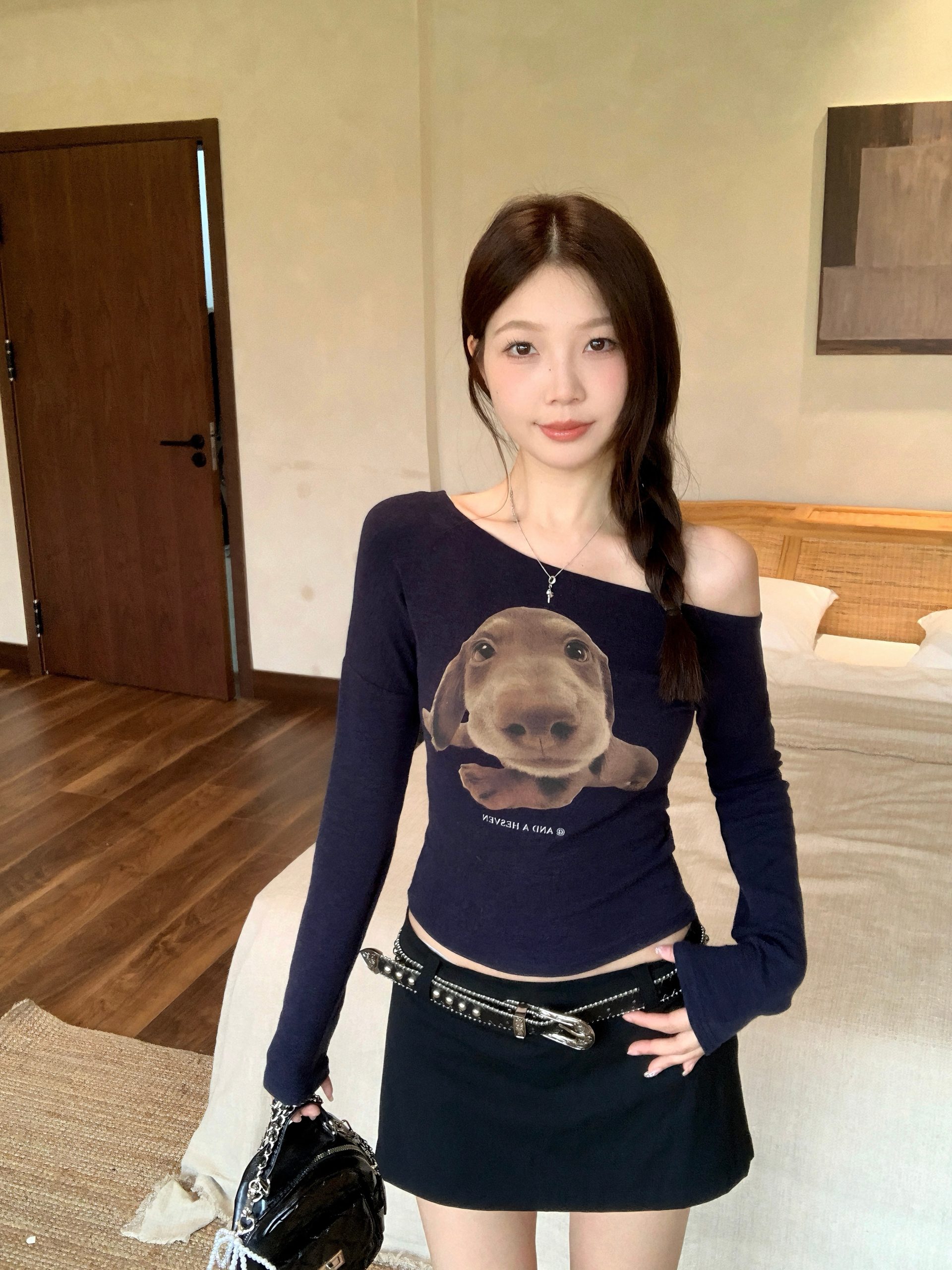 Plus Size Fall New American Retro Dog Print T-Shirt Slim Fit Sexy Top - Image 2