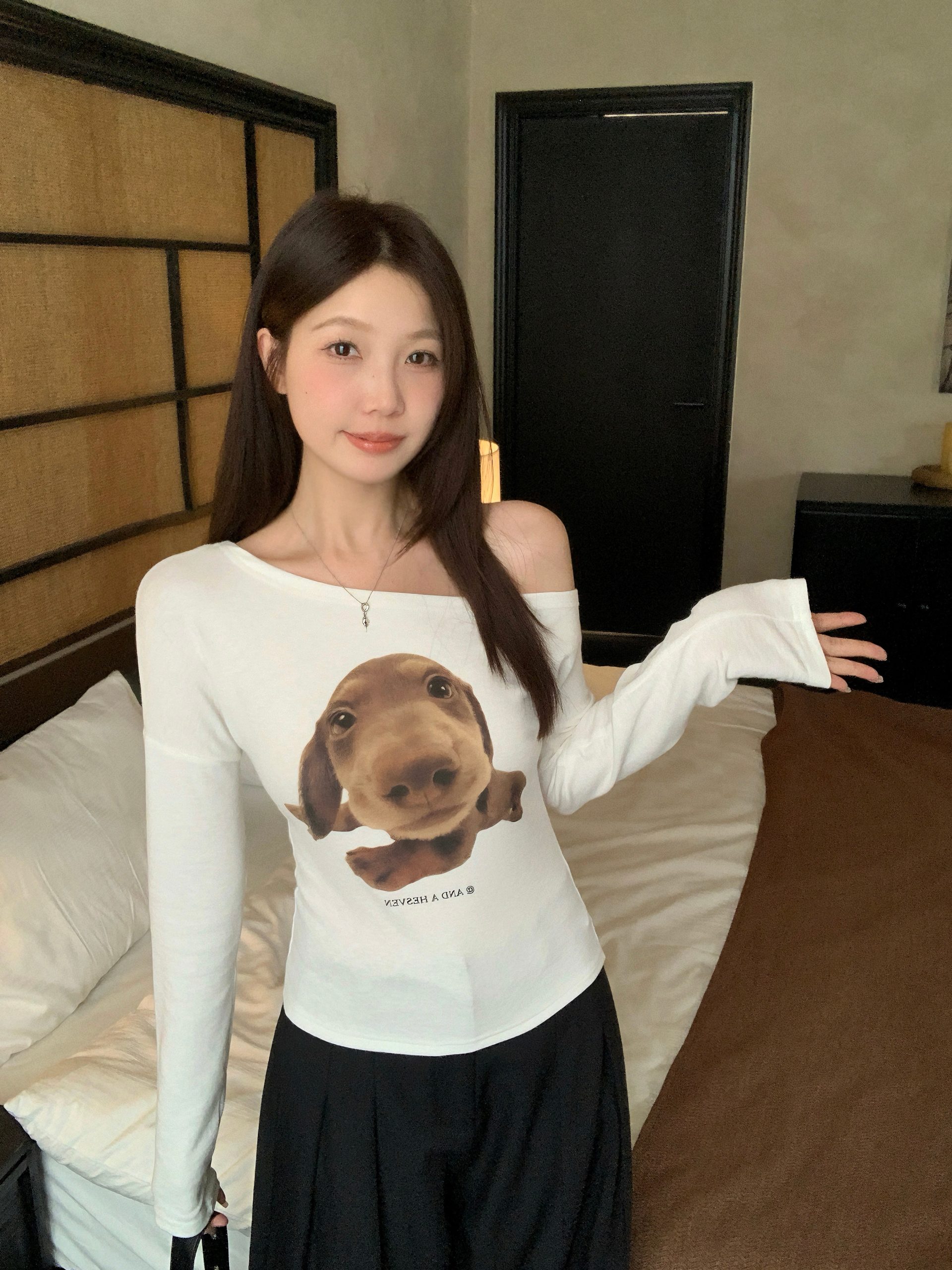 Plus Size Fall New American Retro Dog Print T-Shirt Slim Fit Sexy Top - Image 3