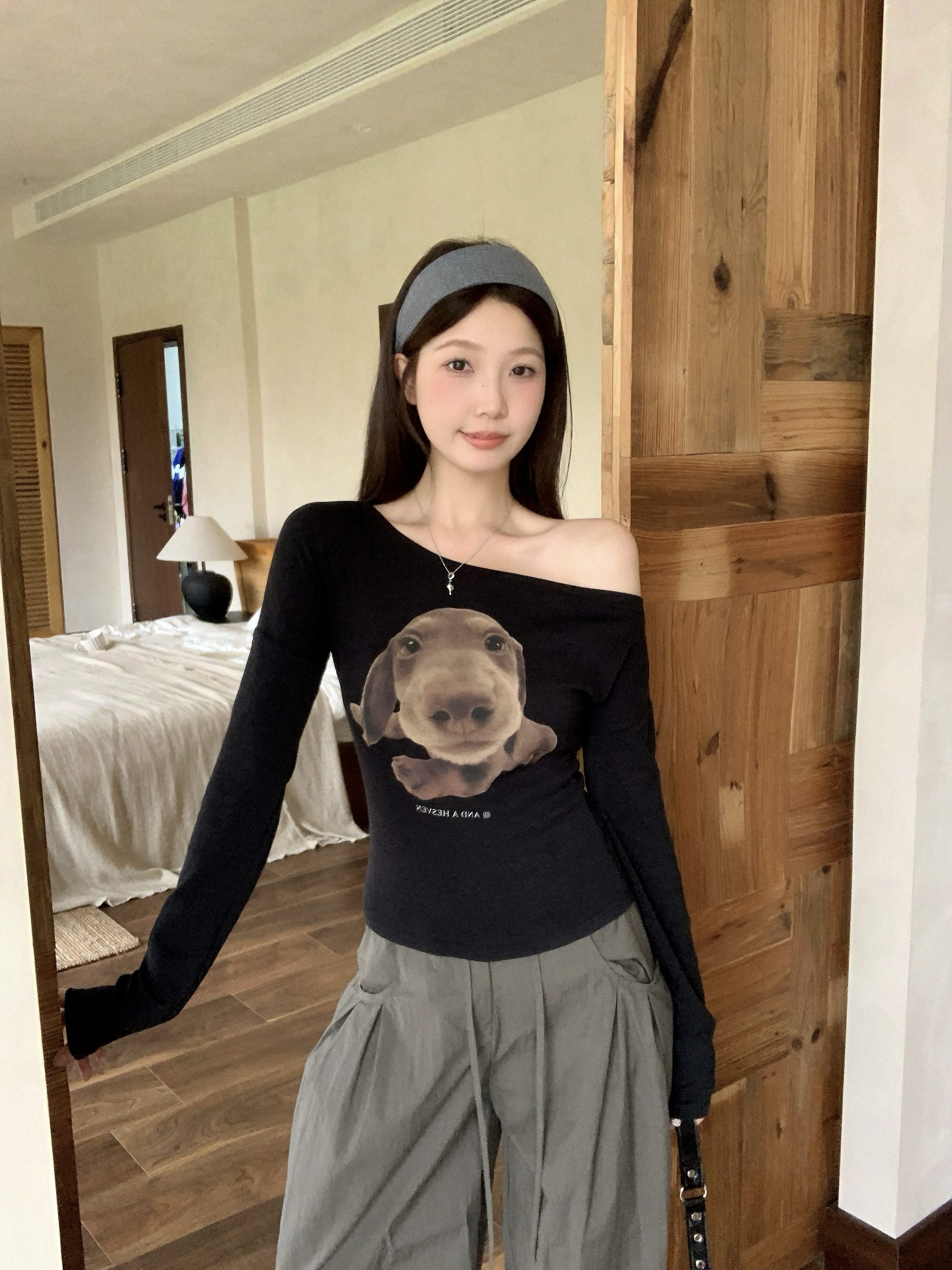 Plus Size Fall New American Retro Dog Print T-Shirt Slim Fit Sexy Top - Image 4