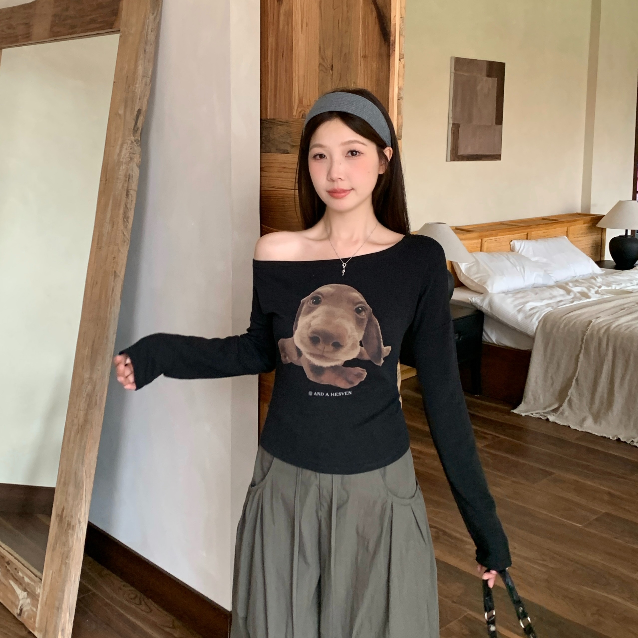 Plus Size Fall New American Retro Dog Print T-Shirt Slim Fit Sexy Top - Image 5
