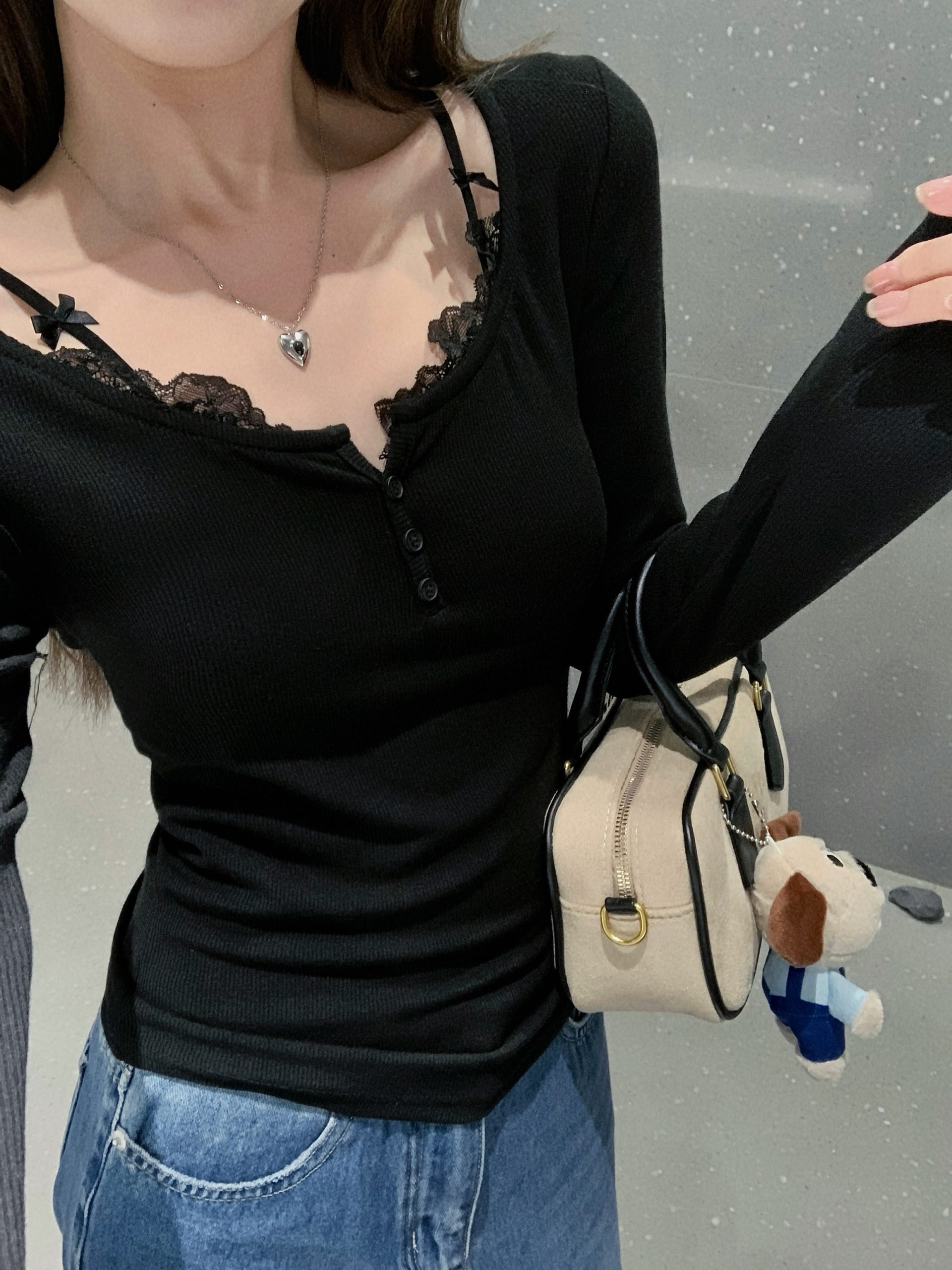 Plus Size Fall New Korean Style Slim Fit Lace Trim T-Shirt for Women