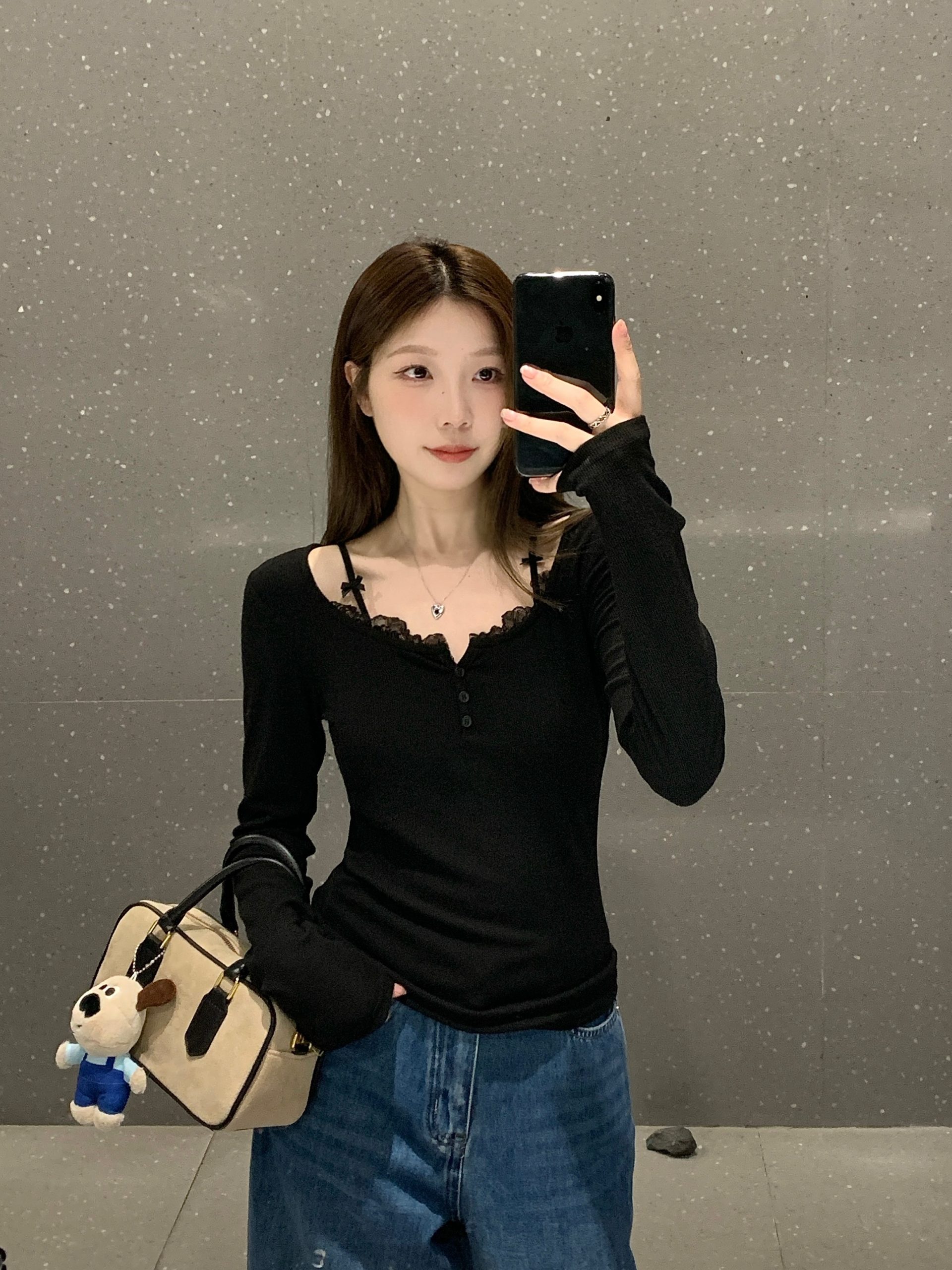 Plus Size Fall New Korean Style Slim Fit Lace Trim T-Shirt for Women - Image 2