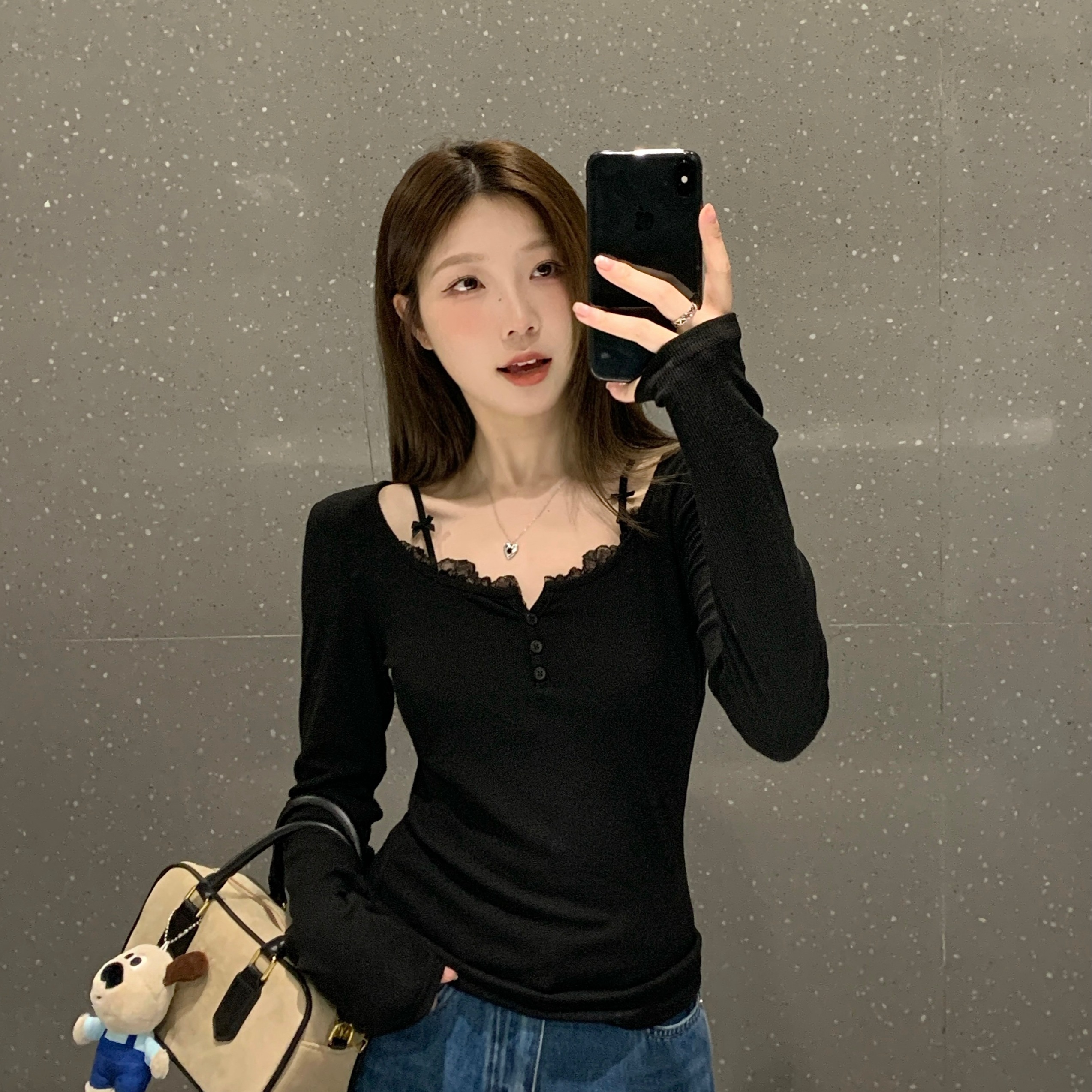 Plus Size Fall New Korean Style Slim Fit Lace Trim T-Shirt for Women - Image 5
