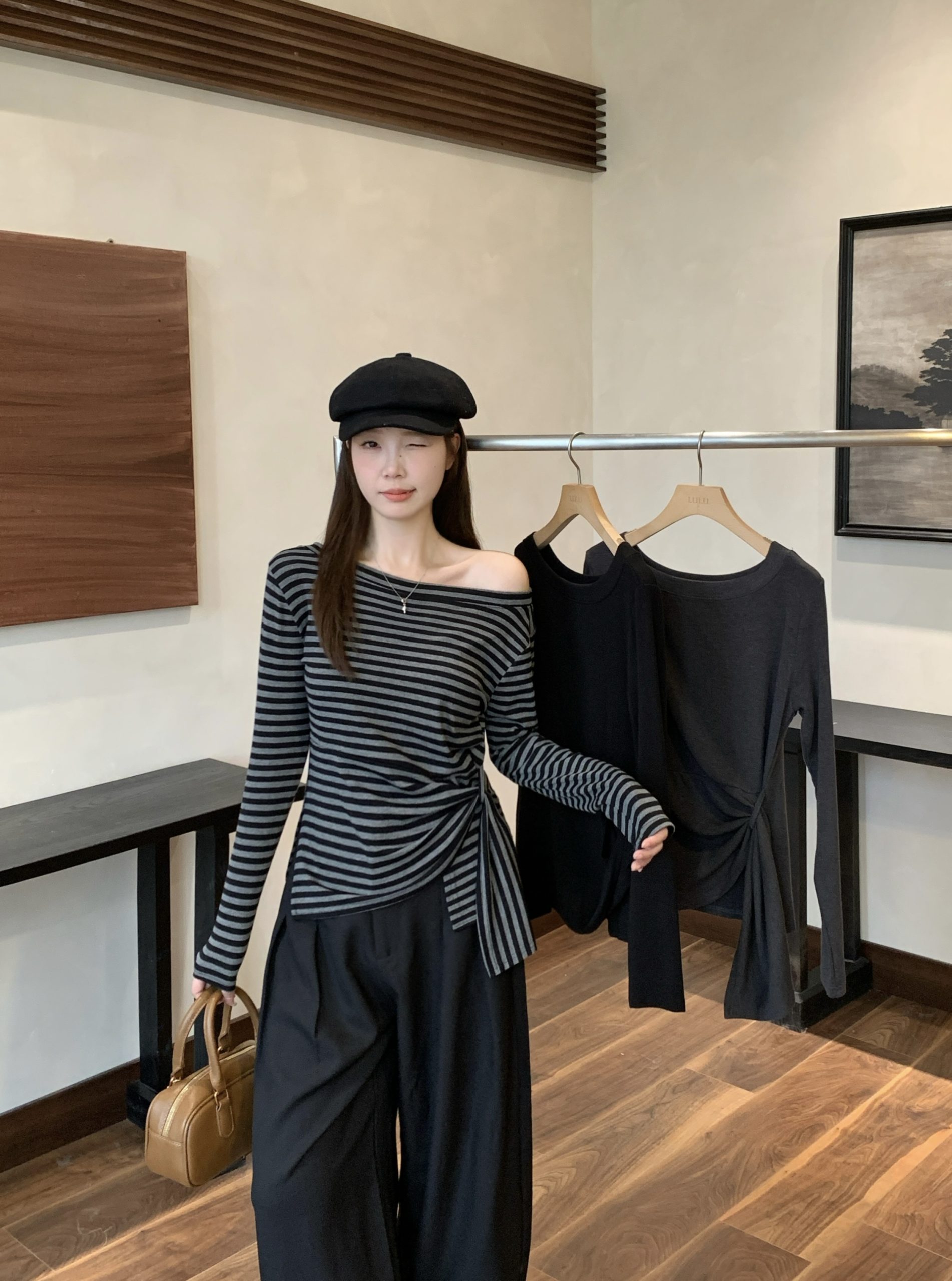 Plus Size Fall New Korean Style Striped Irregular Slit Off Shoulder Long Sleeve T-Shirt Slim Fit Top