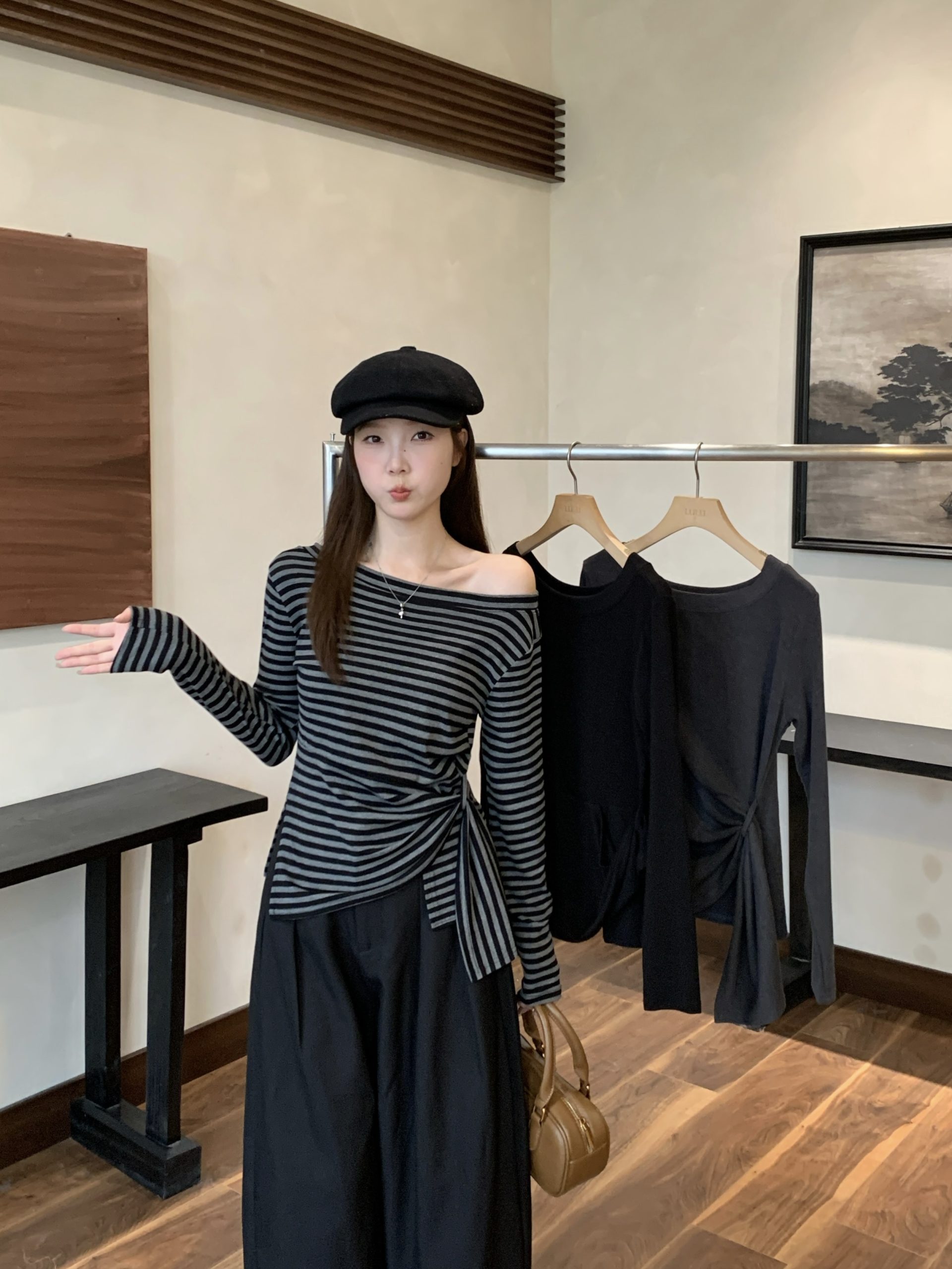 Plus Size Fall New Korean Style Striped Irregular Slit Off Shoulder Long Sleeve T-Shirt Slim Fit Top - Image 2