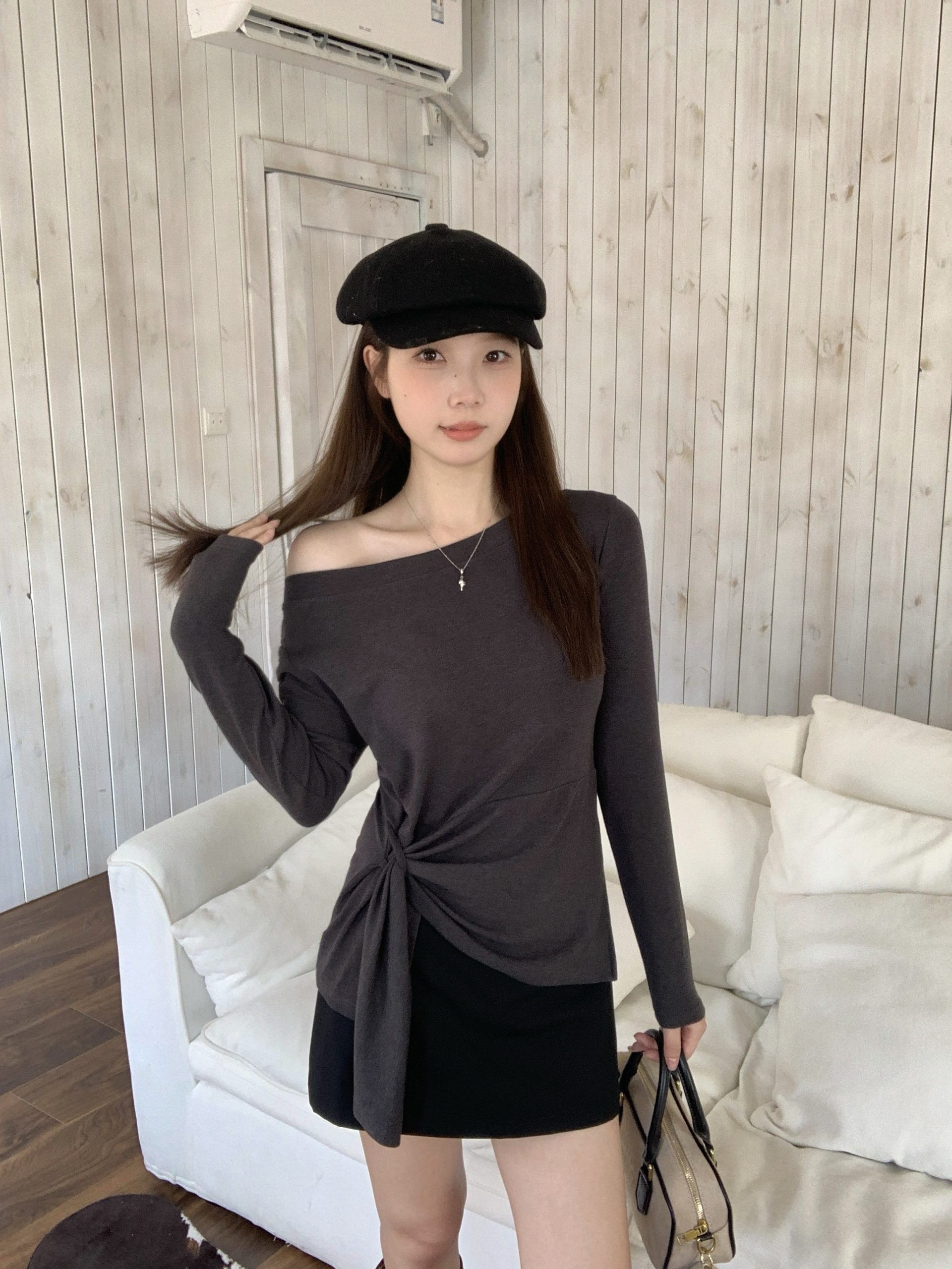 Plus Size Fall New Korean Style Striped Irregular Slit Off Shoulder Long Sleeve T-Shirt Slim Fit Top - Image 3