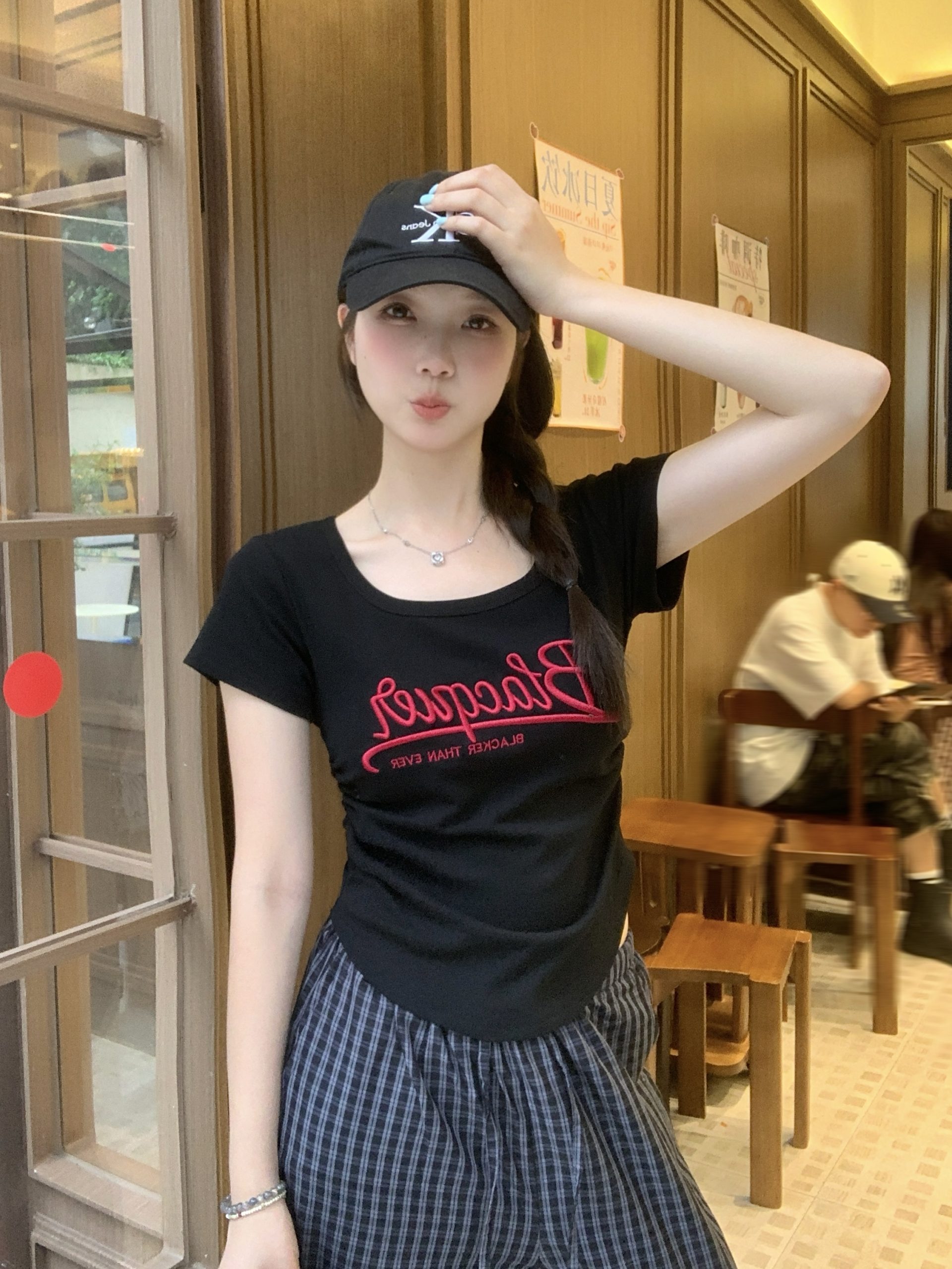 Plus Size Summer New American Retro Letter Shoulder Short Sleeve Ruched Waist Slim T-Shirt - Image 2