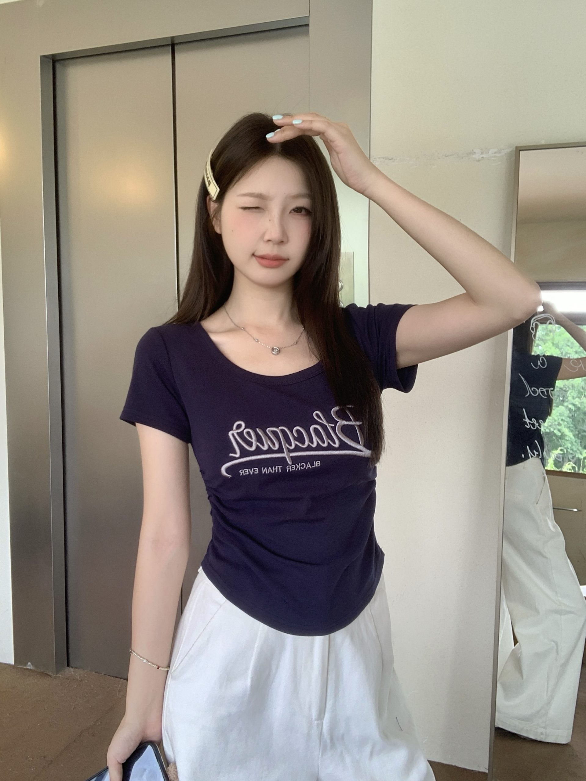 Plus Size Summer New American Retro Letter Shoulder Short Sleeve Ruched Waist Slim T-Shirt - Image 3