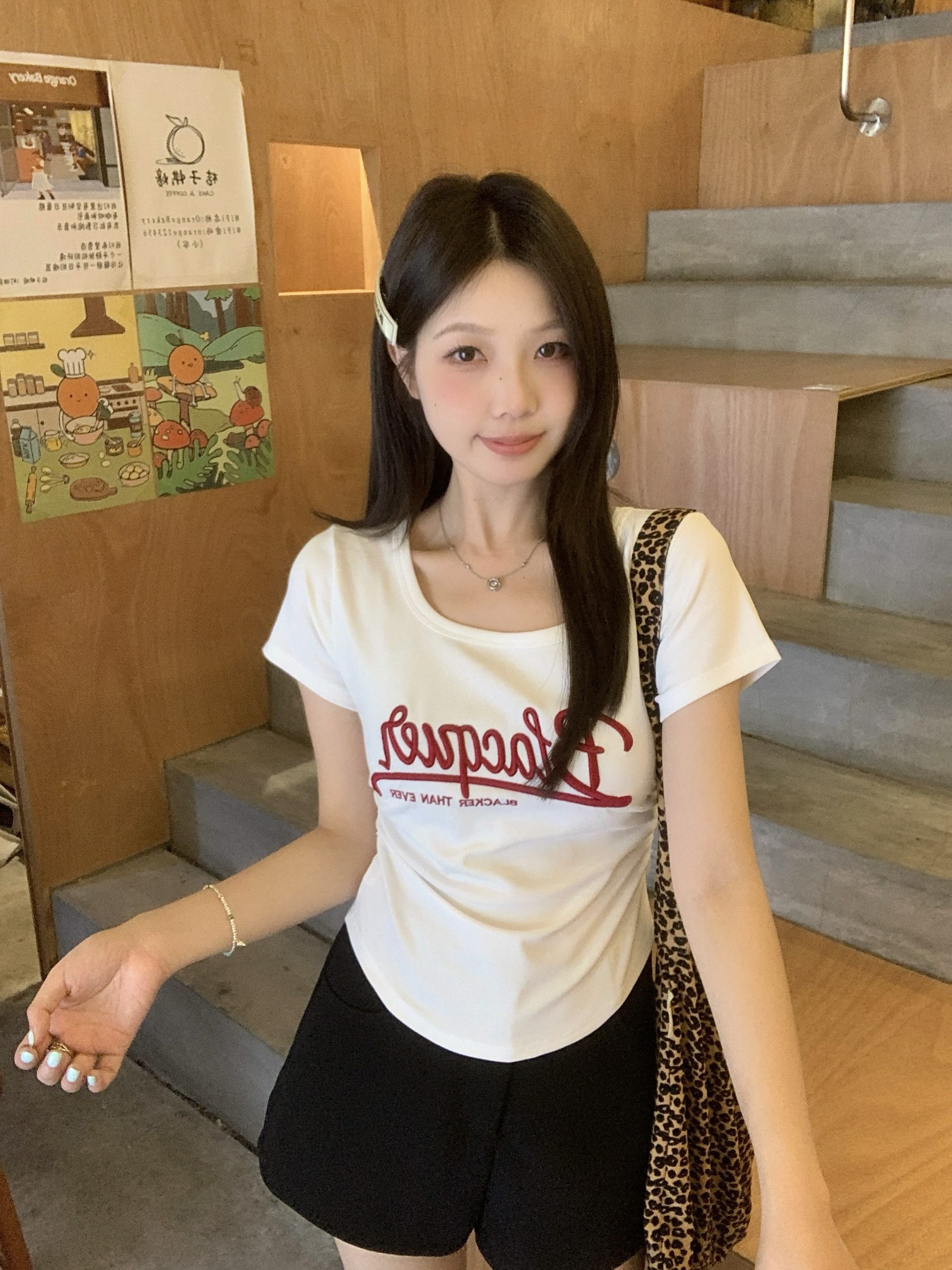 Plus Size Summer New American Retro Letter Shoulder Short Sleeve Ruched Waist Slim T-Shirt - Image 4