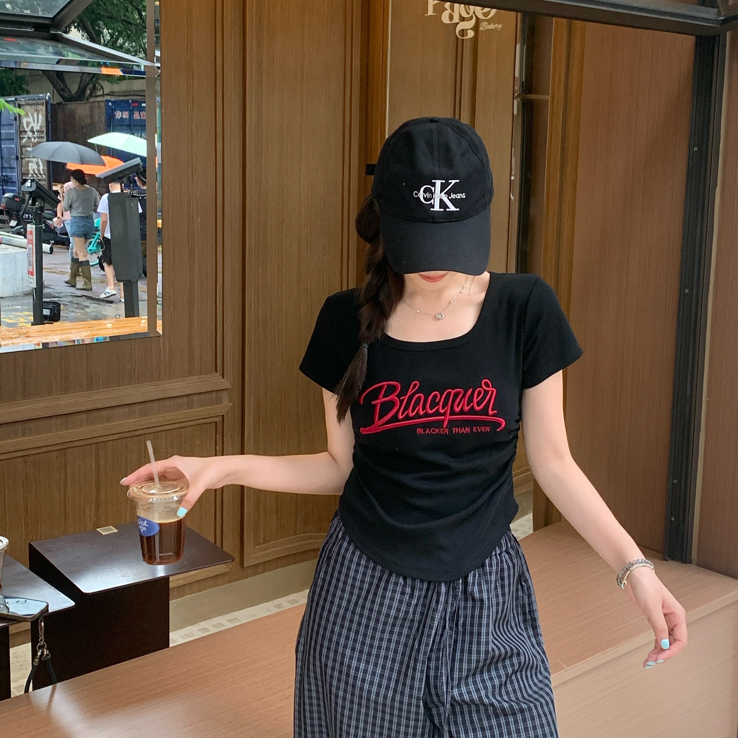 Plus Size Summer New American Retro Letter Shoulder Short Sleeve Ruched Waist Slim T-Shirt - Image 5
