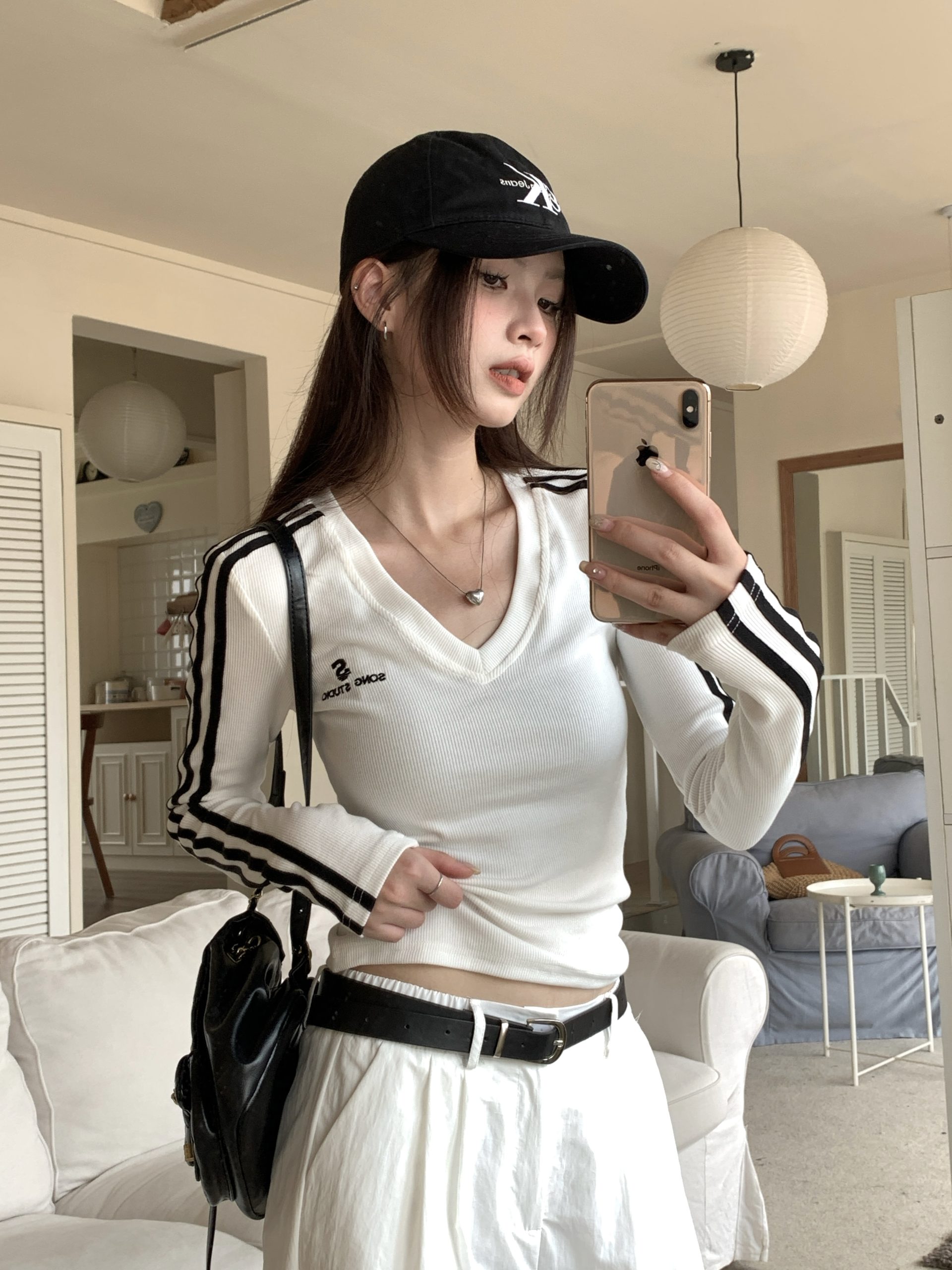 Plus Size Women's Fall Letter Embroidery V-Neck Long Sleeve T-Shirt Slim Fit Tops - Image 2