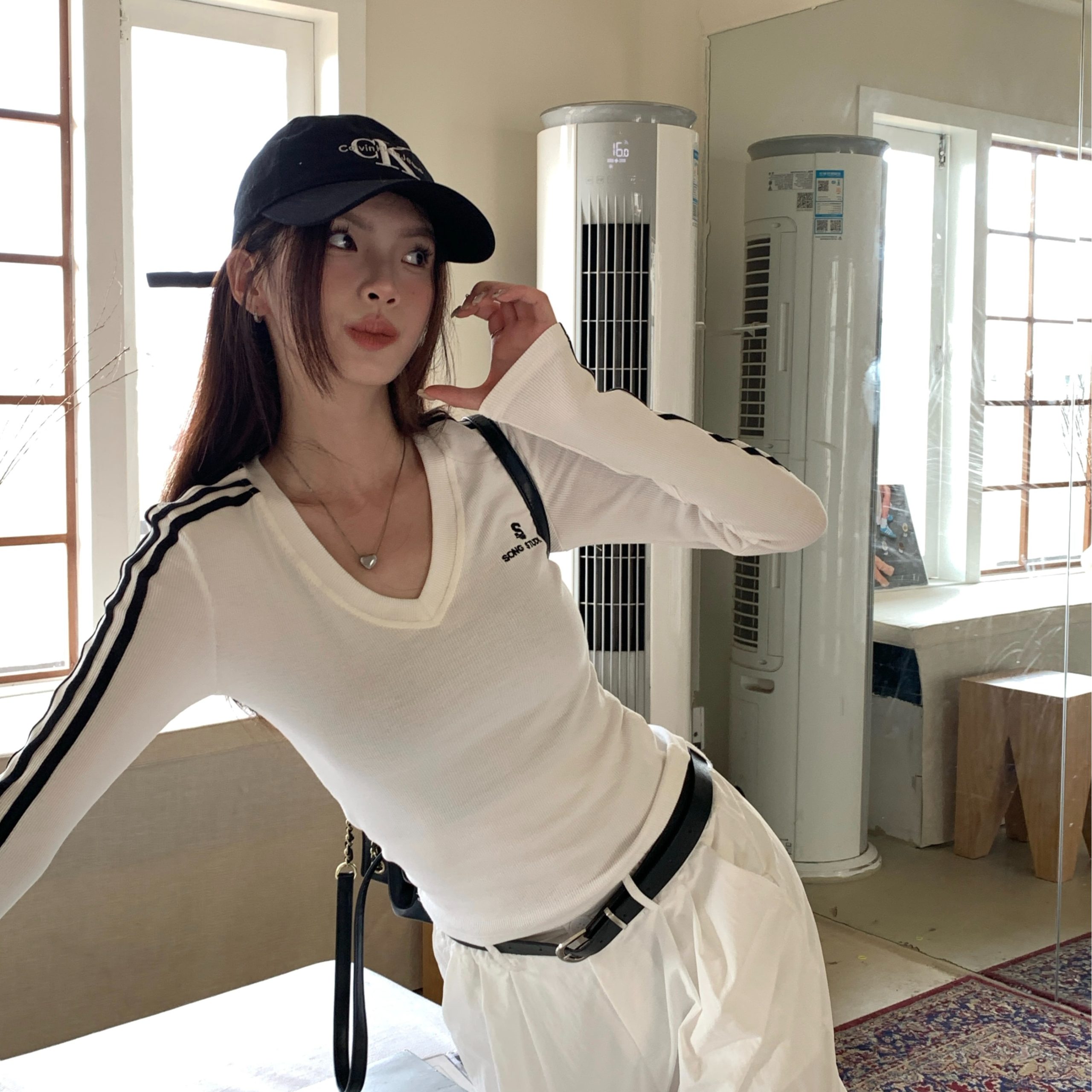 Plus Size Women's Fall Letter Embroidery V-Neck Long Sleeve T-Shirt Slim Fit Tops - Image 5