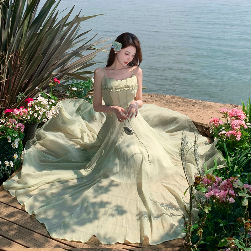 Real Shot Emerald Wizard of Oz Whitening Green Beach Vacation Dress with Padded Bra Long Skirt Flared