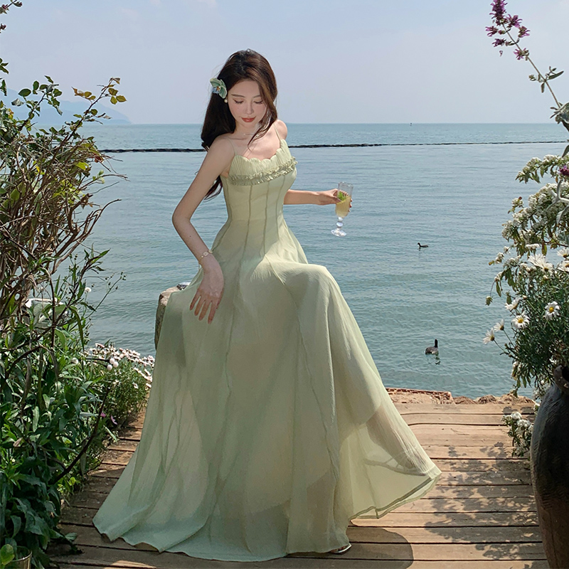 Real Shot Emerald Wizard of Oz Whitening Green Beach Vacation Dress with Padded Bra Long Skirt Flared - Image 2