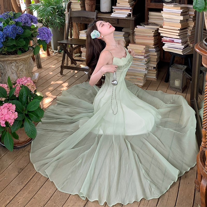 Real Shot Emerald Wizard of Oz Whitening Green Beach Vacation Dress with Padded Bra Long Skirt Flared - Image 5