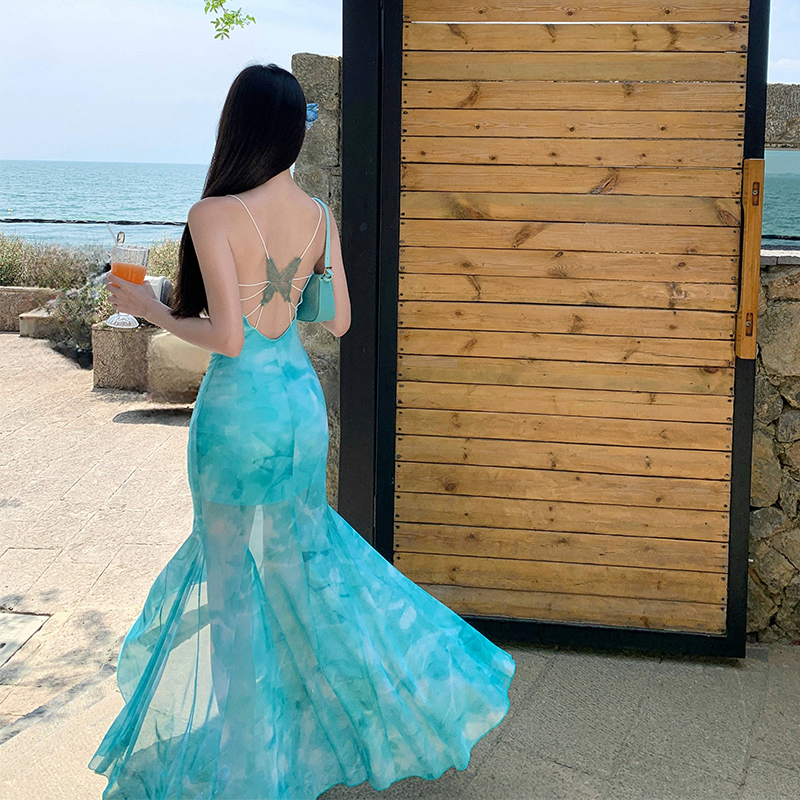 Real Shot Light Green Mesh Sleeveless Bodycon Dress with Butterfly Back Sexy Fishtail Long Dress
