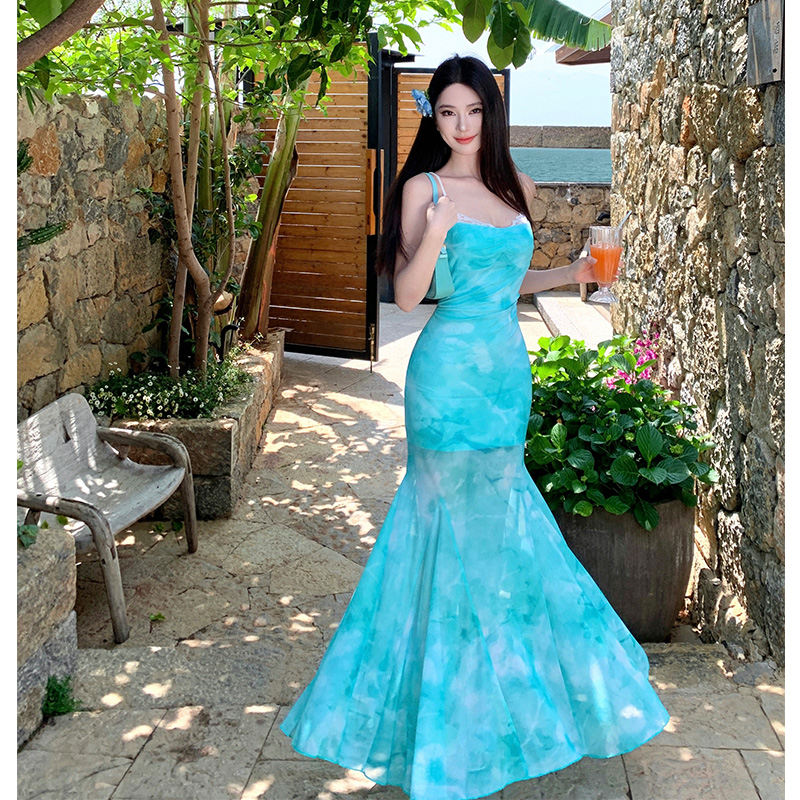 Real Shot Light Green Mesh Sleeveless Bodycon Dress with Butterfly Back Sexy Fishtail Long Dress - Image 2