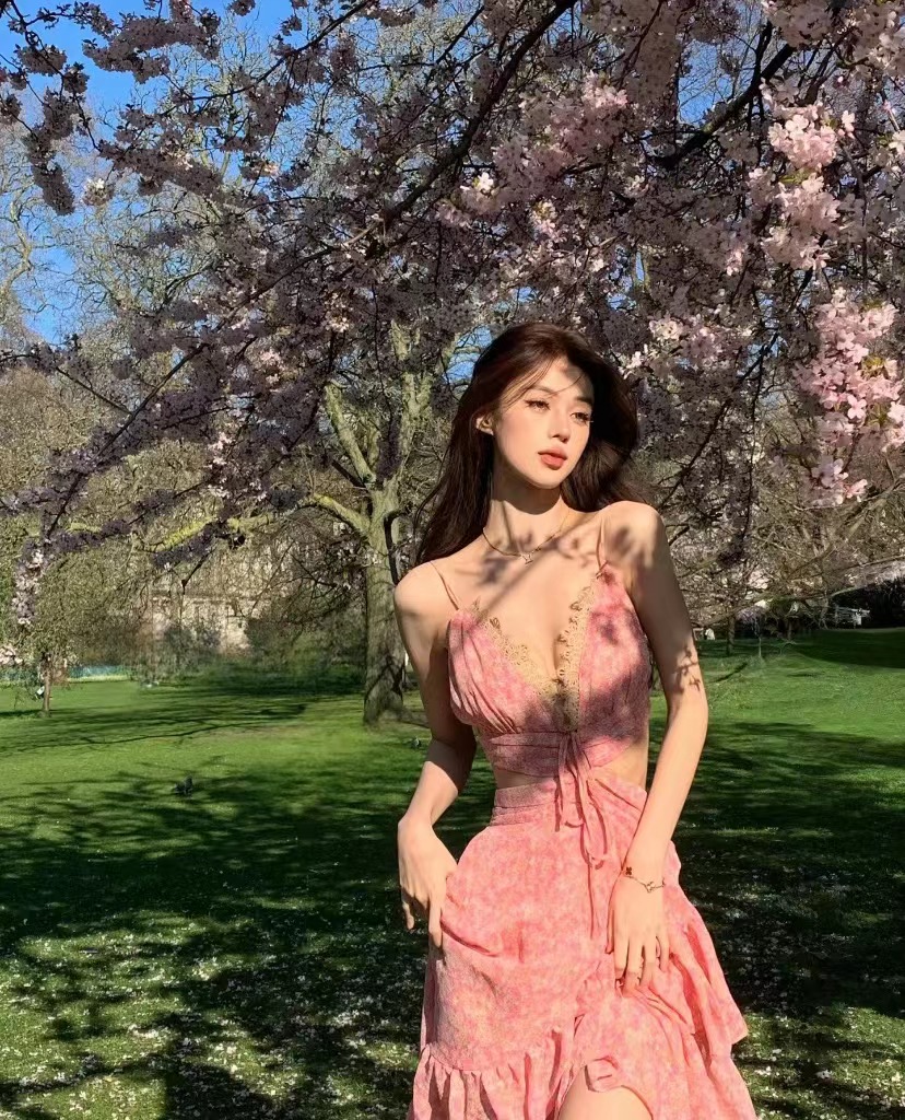 Spring Cherry Blossom Floral Print Long Dress Vacation Style Backless Halter Beach Swing Dress V-Neck Waist - Image 2