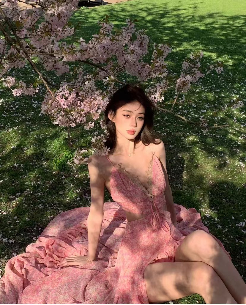 Spring Cherry Blossom Floral Print Long Dress Vacation Style Backless Halter Beach Swing Dress V-Neck Waist - Image 3