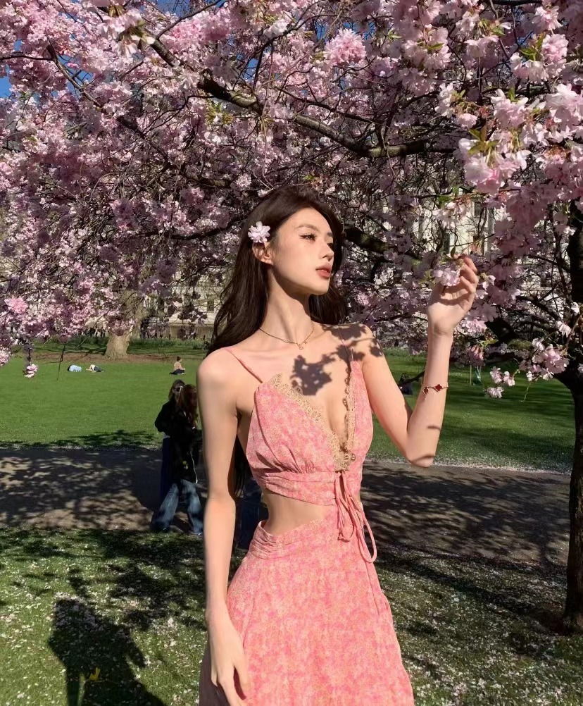 Spring Cherry Blossom Floral Print Long Dress Vacation Style Backless Halter Beach Swing Dress V-Neck Waist - Image 4