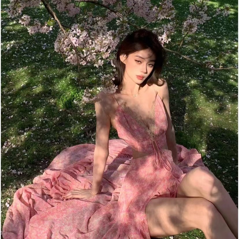 Spring Cherry Blossom Floral Print Long Dress Vacation Style Backless Halter Beach Swing Dress V-Neck Waist - Image 5