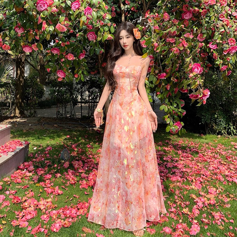 Summer Mermaid Jacquard Chiffon Sleeveless Long Dress for Beach Vacation
