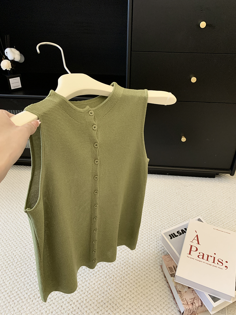 Summer New Solid Knit Vest Top Stand Collar Sleeveless Cardigan Elegant Soft Thin Women Blouse - Image 3